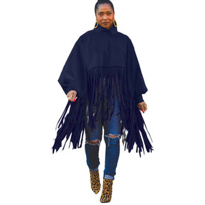 Manteau en laine à manches longues pour femmes grandes tailles avec franges - Product Image 4