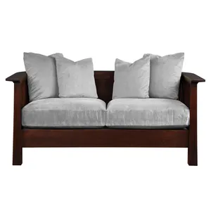 Gỗ Tếch rắn loveseat với tròn Slatted trở lại hai chỗ ngồi sofa với Vải đệm và bọc vòng cánh tay