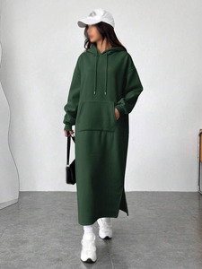 Factory Customized Women's Long Hoodie Dress Cotton Fleece Relaxed Fit Drop Shoulder Hooded Pullover Side Slit Apparel - Product Image 2