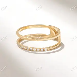 Double Band Lab Grown Diamond Ring 14k Gold Two Row Wedding Ring Thin Double Strand Pave Lab Grown Diamond Wedding Promise Band