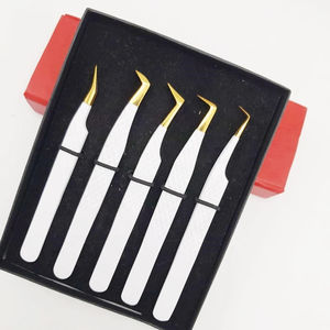 Pinces à épiler professionnelles pour extensions de cils en acier inoxydable japonais, pointe en fibre, fabrication artisanale, pinces blanches mates dorées avec poignée diamantée - Product Image 2
