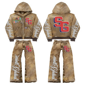 Chándal Deportivo Holgado para Hombre, Estilo Urbano, Lavado Ácido, con Pedrería, Impresión Serigrafiada Desgastada de Alta Calidad, Personalizado 2026 - Product Image 1