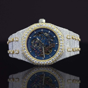 Montre squelette automatique tendance en acier inoxydable, entièrement sertie de diamants de laboratoire, mouvement japonais, fonction date, luxe, fabricant de montres - Product Image 1
