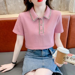 Ropa de manga corta para mujer, camiseta de verano, Polo transpirable, nuevo cuello vuelto, hermoso botón, Patchwork, Tops cortos de moda - Product Image 2
