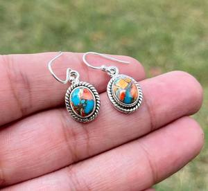 Elegant 925 Sterling <b>Silver</b> <b>Drop</b> <b>Earrings</b> Oyster Copper Turquoise Gemstone for Engagement or Anniversary Gift - Product Image 4