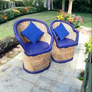 Juego de 2 sofás de bambú ligeros de estilo moderno Vintage con cojín azul para restaurante, jardín, sala de estar - Product Image 2