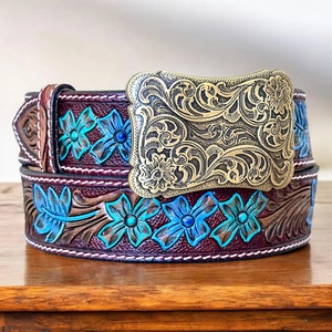 เข็มขัดหนังวัวลายดอกไม้สไตล์ตะวันตกสำหรับผู้หญิงพิมพ์ลายนูนหัวเข็มขัดหนังแท้แบบลอกออกได้ - Product Image 4