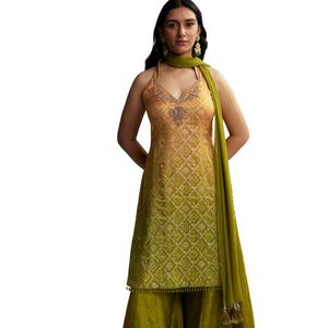 Costume Palazzo en Soie Ombre Vert et Jaune avec Impression Bandhani Vente en Gros Vêtements Ethniques pour Femmes OEM Vêtements Usine Fournisseur en Vrac - Product Image 4