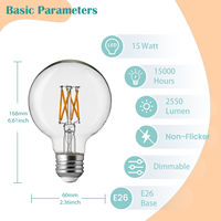 Ampoule à filament LED G40 à haut lumen 120V dimmable OEM/ODM, 15W 2550LM, corps en verre transparent, E26, fonctionne avec une lampe suspendue, UL CUL
