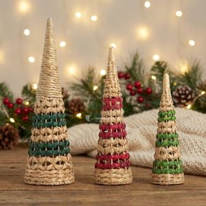 Handwoven Christmas <b>Tree</b> Cone Decor Set of 3 Eco-Friendly Indoor <b>Tabletop</b> Pine <b>Tree</b> Ornament Natural Green Red Weave - Product Image 3