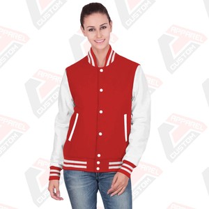Women's Custom Varsity Jacket Stand Collar Formal Style with <b>Wool</b> & Leather Sleeves Chenille Embroidered Letterman Front Logo - Product Image 1