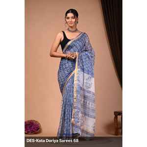 Sari en soie Banarasi en coton imprimé au bloc Kota Dorriya, dessiné à la main, style indien, doux, pour usage quotidien et fêtes, prix bas - Product Image 1