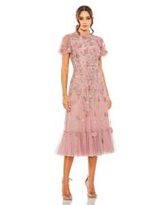 Robe de soirée longue élégante en lycra à sequins et perles, sans manches, silhouette trompette/sirène, motif floral - Product Image 5