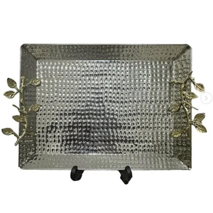 Plateau rectangulaire de luxe en acier inoxydable martelé de qualité avec poignée en feuille, parfait pour servir des collations et des bonbons au prix le plus bas - Product Image 1