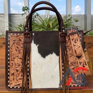 Nueva moda de pelo en cuero de vaca Floral mano de cuero con borlas bolso de mano oculto llevar mujeres monedero bolsos de cuero occidental - Product Image 1