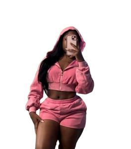 Ropa de verano para mujer, chaquetas recortadas, pantalones cortos para mujer, conjunto de pantalones cortos de algodón lavado con ácido, logotipo personalizado, ropa femenina - Product Image 1