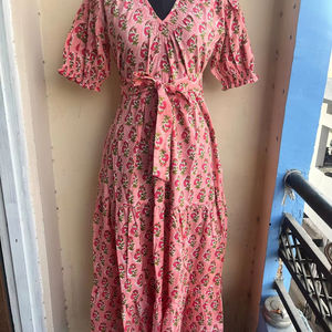 ชุดเดรสยาวพิมพ์ลายแบบบล็อกทำจากผ้าฝ้ายอินเดียสำหรับผู้หญิงชุดเดรสยาวสำหรับฤดูใบไม้ร่วง - Product Image 1