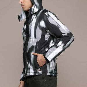 Veste matelassée pour homme, imprimé noir et gris, motif abstrait, automne, chaude, respirante, coupe-vent, à capuche, fermeture éclair sur le devant, élégante - Product Image 2