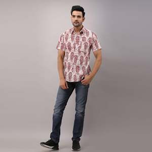 100% Cotton Casual Red <b>Shirt</b> for Men Ethnic Floral Motifs <b>Button</b>-Up Collar Breathable Poplin Linen Fabric Size 6XL Denim Woven - Product Image 1