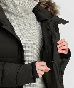 Women's Long <b>Quilted</b> Winter Jacket With Fur Trim Hood Black Full Sleeve Polyester <b>Wadding</b> Zipper Closure - Product Image 6