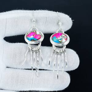 Boucles d'oreilles en pierre précieuse turquoise d'huître épineuse rose, argent sterling 925 plaqué or, bijoux faits à la main, cadeau pour femmes - Product Image 4