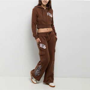 Personnalisé Oem Marron Zipper Wear Sets Femmes Coton Crop Top Survêtement Ensembles Survêtements Pantalon Deux Pièces Ensemble Jogging Survêtements - Product Image 1