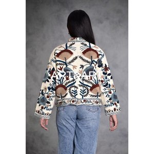 Suzani Embroidery Argyle <b>Pattern</b> Women's Short <b>Quilted</b> Cotton <b>Jacket</b> Casual Beach & Party Wear - Product Image 5