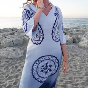 ชุดเดรสยาวคอวีปักแขนสามส่วนของผู้หญิงชุดเดรสสำหรับใส่ในรีสอร์ทเสื้อปักคอวีสีและดูฉลาดสำหรับฤดูร้อน - Product Image 1