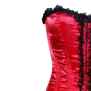 Corset sur mesure en satin rouge avec baleines en acier et volants noirs - Product Image 4