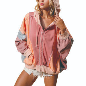 Sudadera Extra Grande de Felpa para Mujer, de Alta Calidad, con Costuras Deshilachadas, Estilo Casual, Hombros Caídos, Diseño de Bloques de Color, con Cierre - Product Image 1