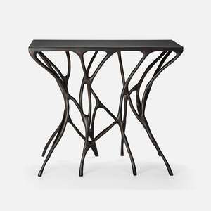 Tables consoles modernes en fer et laiton antique, à deux faces, avec plateau en marbre, finition thermolaquée, taille personnalisable disponible pour salle à manger, chambre et salon - Product Image 4