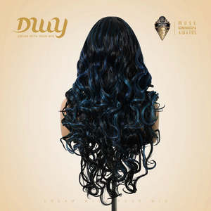 DWY 26-Inch Long <b>Black</b> Wavy <b>Wig</b> with Blue Highlights Synthetic Heat-Resistant Curly Daily Wear for Parties Transparent Lace - Product Image 3