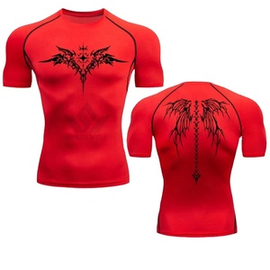 T-shirt sportif blanc à manches courtes et col rond pour homme, coupe ajustée, avec imprimé ailes tribales noires, en tissu jersey à séchage rapide - Product Image 6