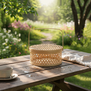 Panier de pique-nique rond en bambou durable avec un style simple Conteneur de rangement tissé à la main pour le transport de nourriture en plein air Exportateur en gros - Product Image 3