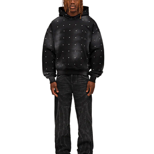 Black Rhinestone Hoodie with Glitter <b>Star</b> Pattern Drop Shoulder Zip Up <b>Design</b> Men's Hoodies & Sweatshirts - Product Image 2