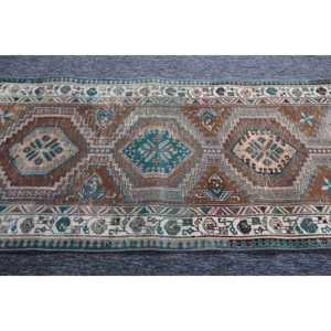 Rug Vintage Rug, 7.3x3.4 ft Turkish Rug, <b>Brown</b> Geometric <b>Wool</b> Rug - Product Image 4