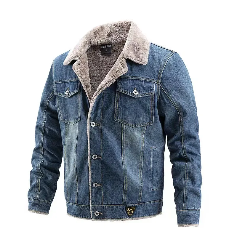 Hot Sale Men Faux Shearling Jean Jackets Outerwear Warm Denim Coats Oversize Wool Liner Thicker Winter Denim Jackets With Sherpa