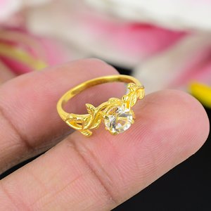 Bague feuille florale unique en or jaune 14 carats avec pierre précieuse en cristal naturel taillé en rond plaqué or fin pour mariages et fêtes - Product Image 2