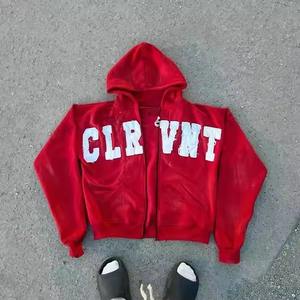 Impresión personalizada 450 GSM Streetwear Raw Hem Cut Hombres Sudadera con capucha recortada Lavado ácido Vintage Parche bordado desgastado Sudaderas con cremallera - Product Image 4