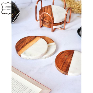 Modern Style Handcrafted <b>Ceramic</b> <b>Coasters</b> White Marble & Mango Wood Classic Style Drinks Holder - Product Image 4