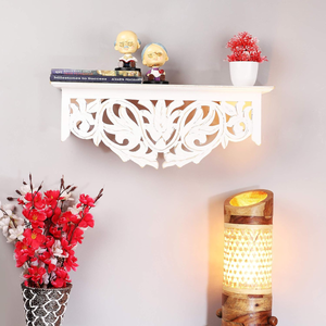 Wooden <b>Wall</b> Hanging Self <b>White</b> Wash Carved <b>Wall</b> Decor <b>Shelf</b> for Drawing Room & Patio Decor Pre-Assembled Eco-Friendly Home Decor - Product Image 2