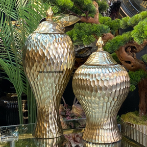 Sets Of 2 Elegant & <b>Decorative</b> Large Size Top Design Golden Metal Vase Flower <b>Decoration</b> Ginger Jar With <b>Lids</b> - Product Image 5