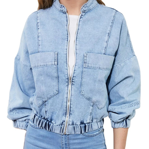 Chaqueta vaquera personalizada para mujer, chaqueta vaquera elástica azul hecha en Pakistán, chaqueta vaquera transpirable y de secado rápido hecha a medida para mujer - Product Image 1