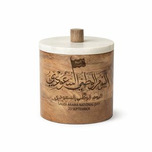 Wooden <b>Storage</b> Jar with Arabic Calligraphy and Floral Design Marble Lid Decorative <b>Box</b> for Islamic Home Decor - Product Image 2