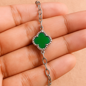 Rhaya Jewels Classic Green <b>Onyx</b> Clover Claw Setting Chain <b>Bracelet</b> Sterling Silver Rhodium Plated Unisex Wedding Party Gift - Product Image 1