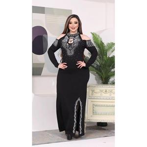 Abito a maniche lunghe in pietra di cristallo con spacco-argento nero - Product Image 1