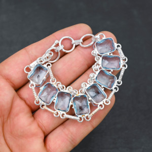 Designer Handmade 925 Silver Plated <b>Chain</b> Bracelet Lab-Created Blue Topaz Gemstone IGI Certified Luxury Fine Wedding Party - Product Image 4