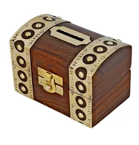 Money Bank with Bank Fun Gifts Wooden Antique Decorative Brass Design Handcrafted Money Box Piggy Bank Size 4x3x2.5 Inches