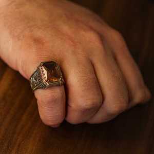 Fine Rhodium-Plated 925 Sterling Silver Men's Gemstone <b>Ring</b> with Bronze Setting and Zultanite Stone - Product Image 1