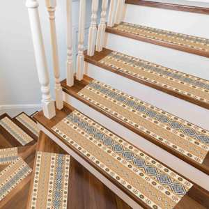 Alfombra Moderna Azul con Patrón Étnico Beige, Alfombra Estampada para Escaleras, Goblen - Product Image 4